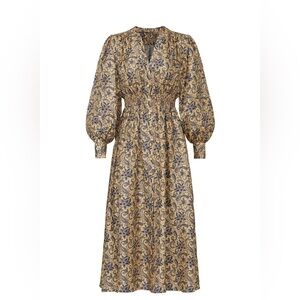 Beautiful Sandro Blue and Gold Floral Paisley Midi Dress V-Neck size FR 38